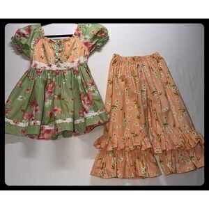Jelly the Pug Floral Ruffle Pant Set Kids Size 6 Green Peach Boho